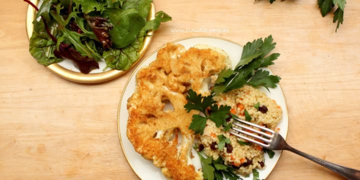 Blumenkohl-Schnitzel mit Hirse und knackigem Salat