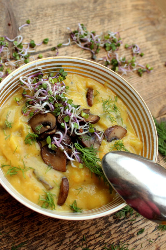 Kartoffel-Karotten-Champignon-Suppe mit Dill und Sprossen