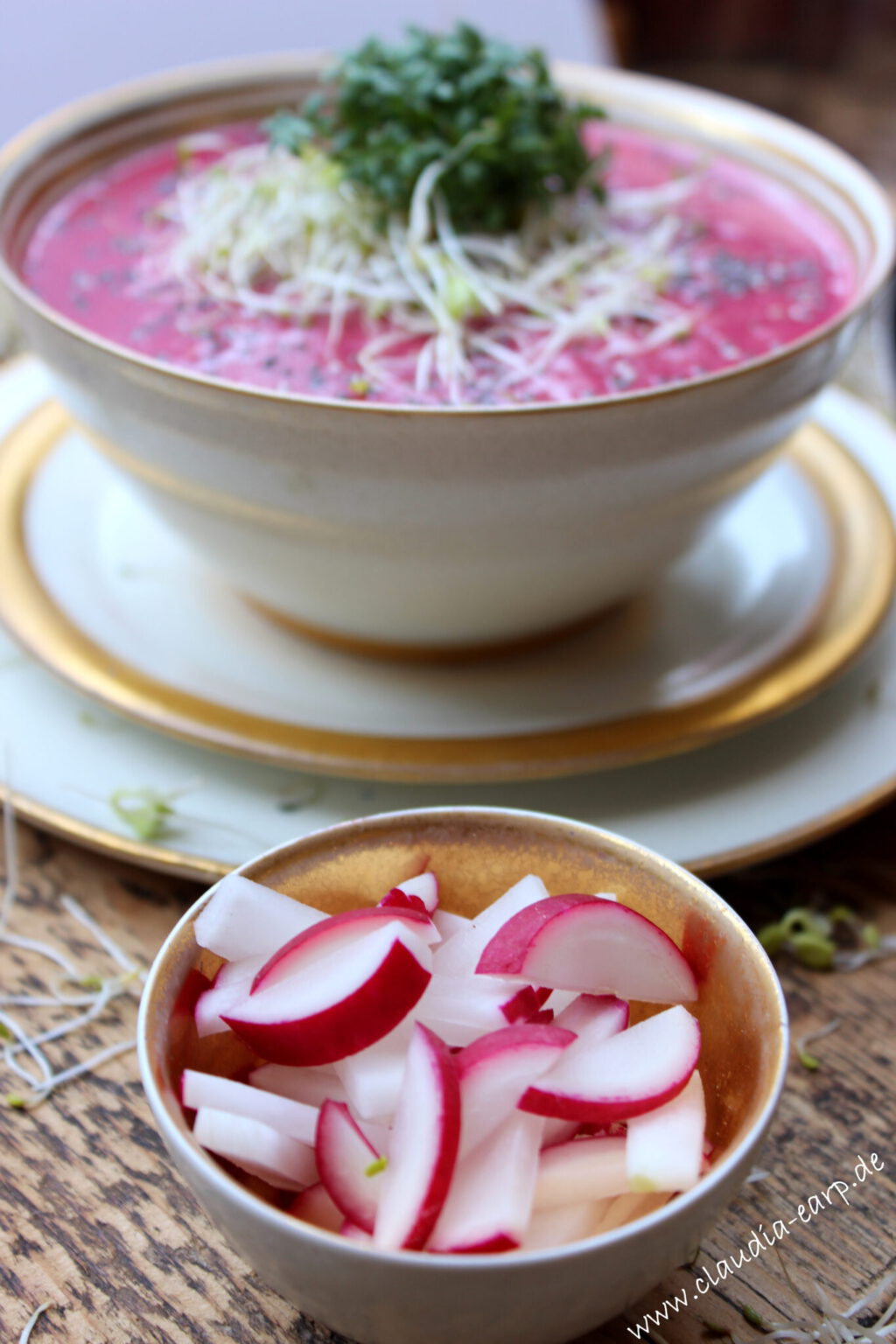 Rettich-Radieschen-Suppe mit schwarzem Sesam und Sprossen